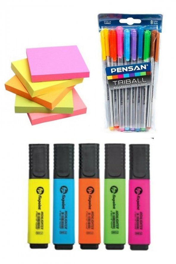 Pensan Tribal Tükenmez Kalem + Fixpoint 5 Renk Fosforlu Kalem + 5 Renk Post-it 80 Yaprak ürün görseli 1