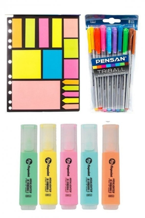 Pensan Tribal Tükenmez Kalem + Fixpoint Pastel Fosforlu Kalem + Post-it A4 15 Parça ürün görseli 1