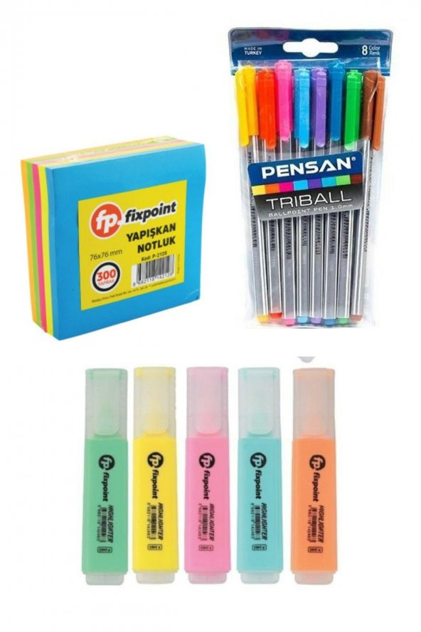 Pensan Tribal Tükenmez Kalem + Fixpoint 5 Renk Pastel Fosforlu Kalem + Fixpoint Post-it 300 Yaprak ürün görseli 1