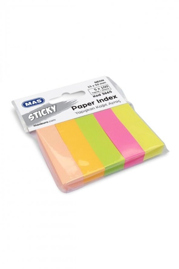 Mas 3665 Yapışkanlı Kağıt Ayraç 15mmx50mm 5x100 Sayfa Neon 5 Renk Index ürün görseli 1