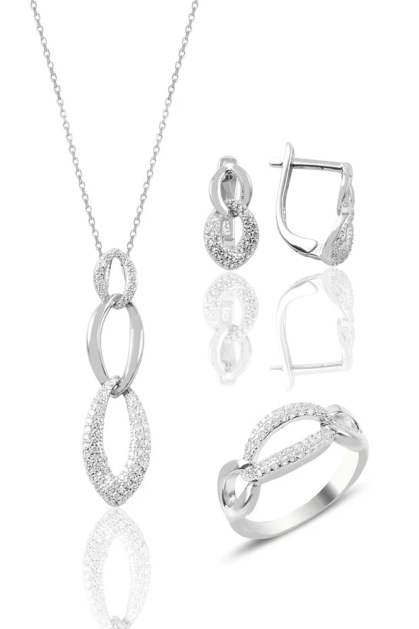 Gümüş zincir modeli zirkon taşlı üçlü set SGTL9078 ürün görseli 1