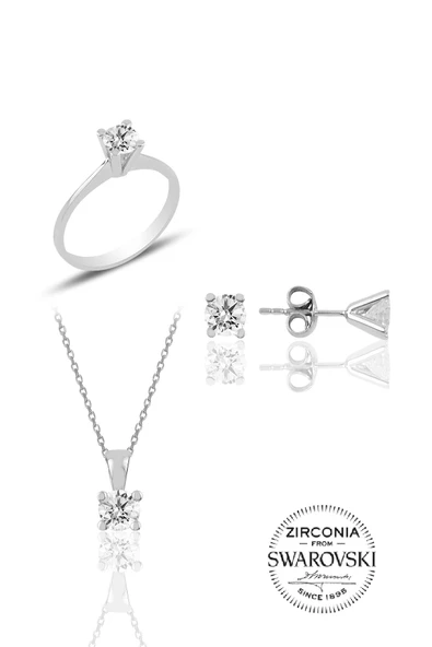 Gümüş Swarovski tek taş modeli üçlü set SGTL20503A ürün görseli 1