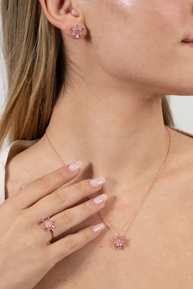 Gümüş rose  taşlı nilüfer lotus çiçeği üçlü set ürün görseli 1