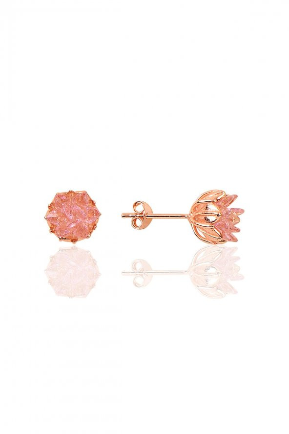 Gümüş Lotus çiçeği modeli pembe renkli taşlı küpe ürün görseli 1