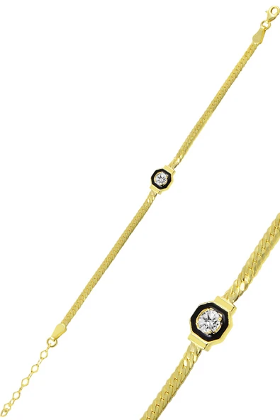 Gümüş tek taş ve mineli balık sırtı zincirli bileklik SGTL10019GOLD ürün görseli 1
