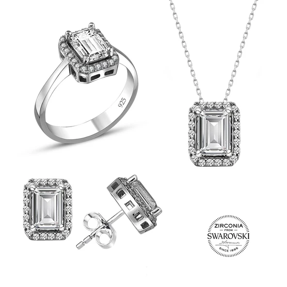 Gümüş Swarovski baget taşlı pırlanta modeli üçlü set SGTL20519SETA ürün görseli 1
