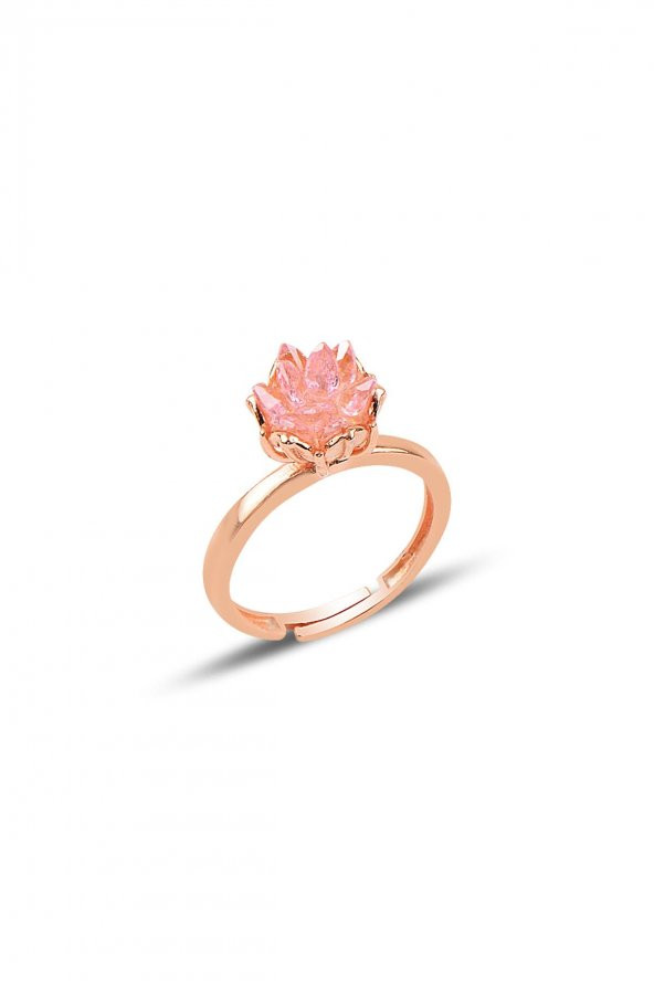 Gümüş Lotus çiçeği modeli pembe renkli taşlı ayarlamalı yüzük ürün görseli 1