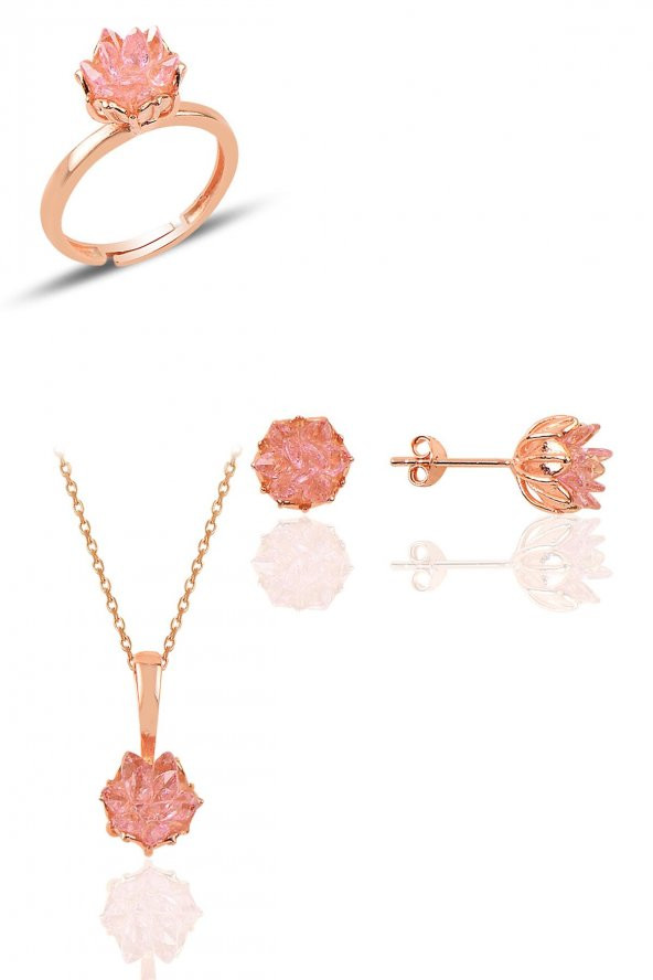 Gümüş Lotus çiçeği modeli pembe renkli taşlı üçlü set ürün görseli 1