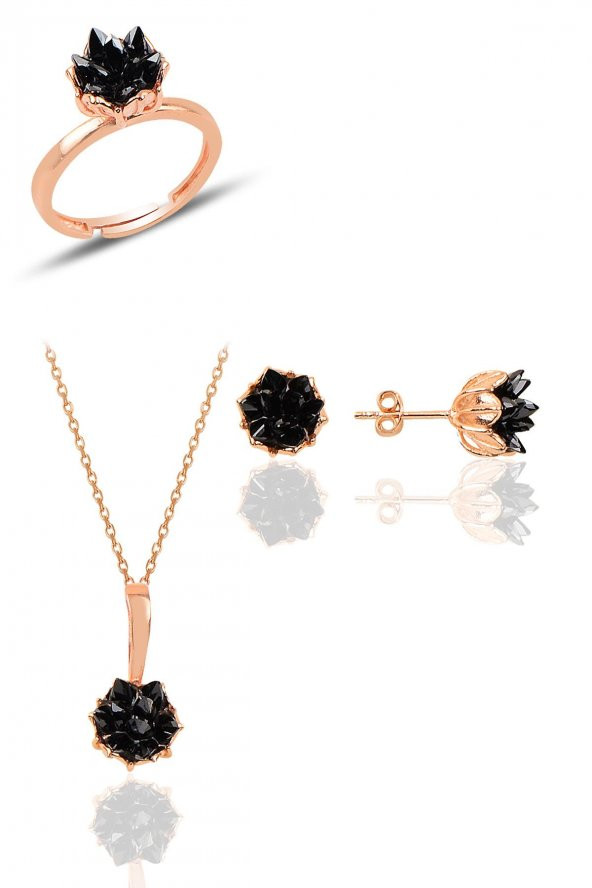 Gümüş Lotus çiçeği modeli onix renkli taşlı üçlü set ürün görseli 1