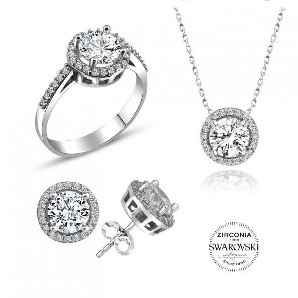Gümüş Swarovski taşlı pırlanta modeli yuvarlak üçlü set SGTL20518SETA ürün görseli 1