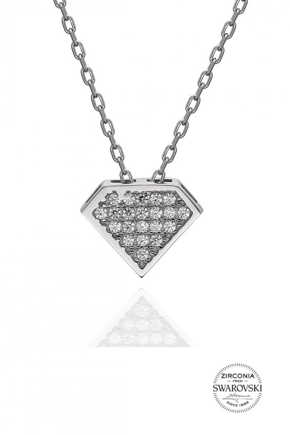 Gümüş Swarovski taşlı pırlanta modeli piramit kolye ürün görseli 1