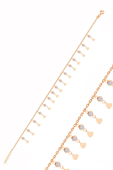 Gümüş rose zirkon taşlı çift sıra kalp pullu halhal SGTL10539ROSE ürün görseli 1