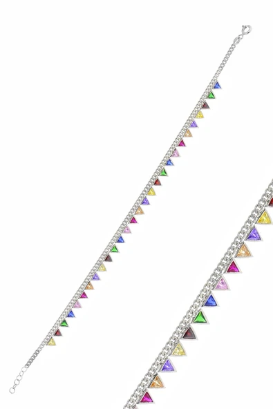 Gümüş rodyumlu renkli taşlı  gurmet zincirli piramit halhal SGTL10531RODAJ ürün görseli 1