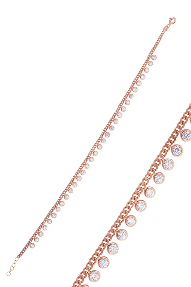 Gümüş rose zirkon  taşlı  gurmet zincirli halhal SGTL10533ROSE ürün görseli 1
