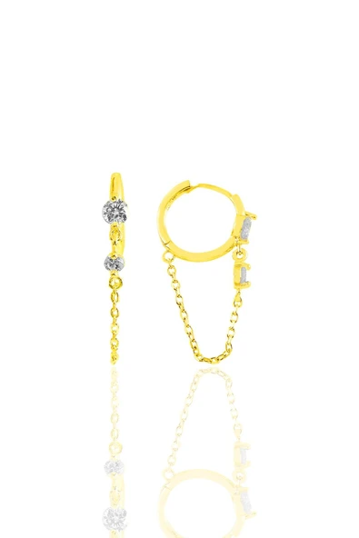 Gümüş altın yaldızlı zirkon taşlı zincirli halka küpe  SGTL11349GOLD ürün görseli 1