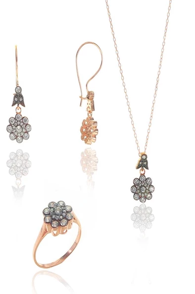 Gümüş rose zirkon taşlı elmas montürlü çiçek modeli set SGTL10858ROSE ürün görseli 1