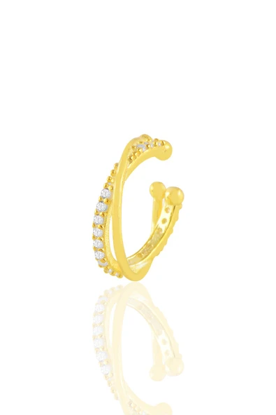 Gümüş altın zirkon taşlı yaldızlı iki sıra görünümlü  sıkıştırmalı tekli kıkırdak küpe SGTL11234GOLD ürün görseli 1