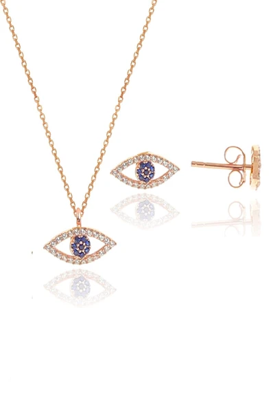 Gümüş rose zirkon taşlı safir göz kolye ve küpe gümüş ikili set SGTL10602SAFIRGOZ ürün görseli 1