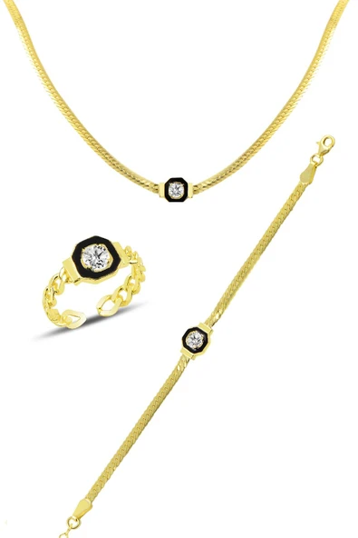 Gümüş altın yaldızlı çağla şikel kolye bileklik ve yüzük gümüş  takım SGTL10593GOLD ürün görseli 1