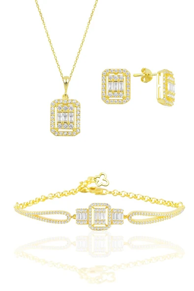 Gümüş altın yaldızlı baget taşlı kolye küpe ve bilezik  gümüş set SGTL10597GOLD ürün görseli 1