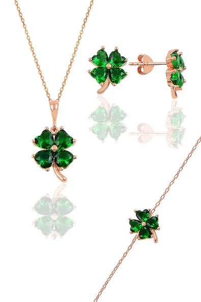 Gümüş rose zümrüt  renkli yonca modeli üçlü set SGTL10581YSL ürün görseli 1