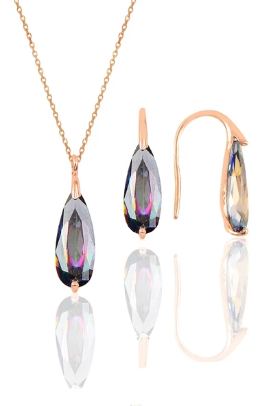 Gümüş rose  mistik  taşlı damla kolye ve küpe ikili gümüş set SGTL10598MİSTİK ürün görseli 1