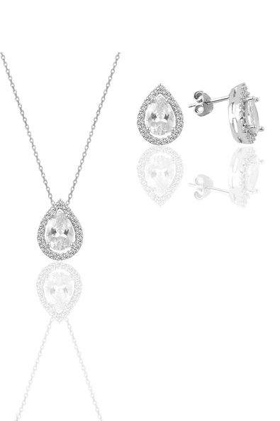 Gümüş beyaz altın rodyumlu zirkon taşlı damla modeli ikili set SGTL11569BEYAZ ürün görseli 1