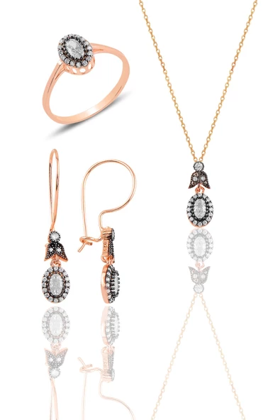 Gümüş rose elmas montürlü oval üçlü set… SGTL10628ROSE ürün görseli 1