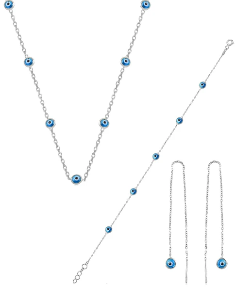 Gümüş rodyumlu,cam göz nazar kolye küpe ve bileklik  gümüş set SGTL10614RODAJ ürün görseli 1