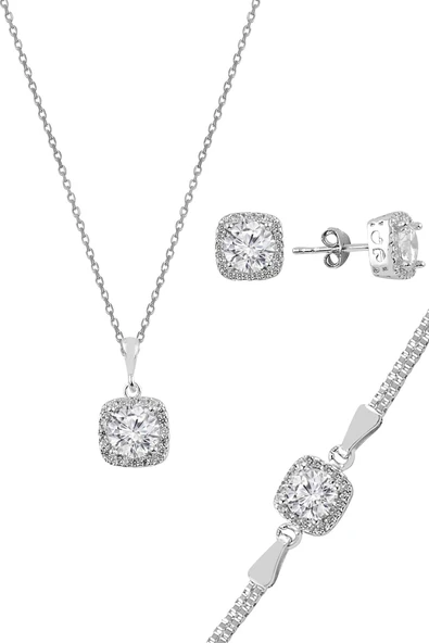 Gümüş zirkon taşlı kare pırlanta montürlü gümüş üçlü set SGTL10725RODAJ ürün görseli 1