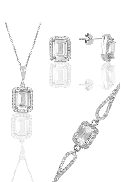 Gümüş rodyumlu zirkon taşlı baget kesim üçlü set SGTL11598BEYAZ ürün görseli 1