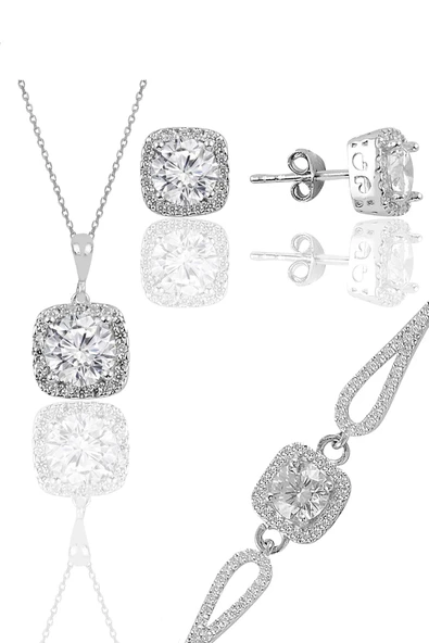 Gümüş rodyumlu zirkon taşlı kare kolye küpe ve bileklikten oluşan üçlü set SGTL11578BEYAZ ürün görseli 1