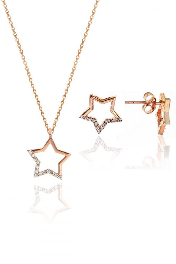 Gümüş rose zirkon taşlı yıldız kolye ve küpe gümüş ikili set ürün görseli 1
