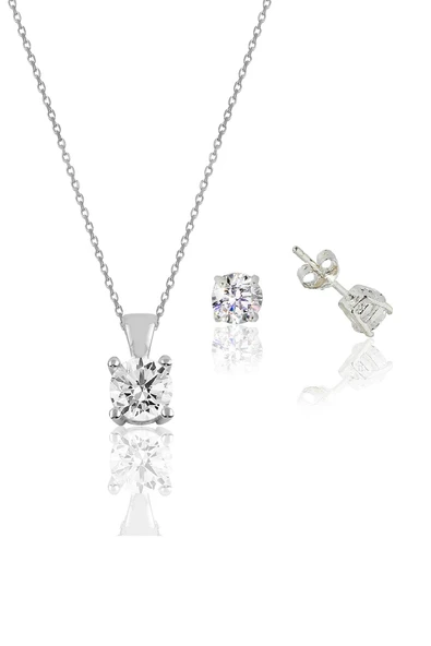 Gümüş rodyumlu tek taş kolye ve küpe gümüş set SGTL10592RODAJ ürün görseli 1