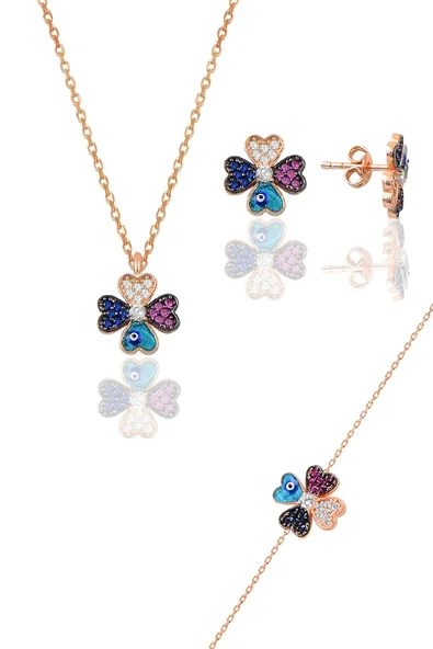 Gümüş rose mineli yonca modeli üçlü set SGTL10583ROSE ürün görseli 1