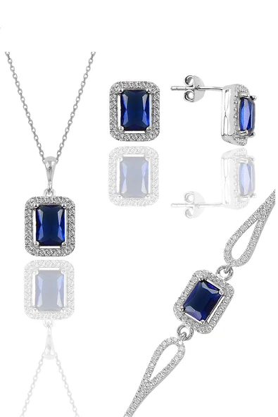 Gümüş rodyumlu safir taşlı baget kesim üçlü set SGTL11598LACIVERT ürün görseli 1