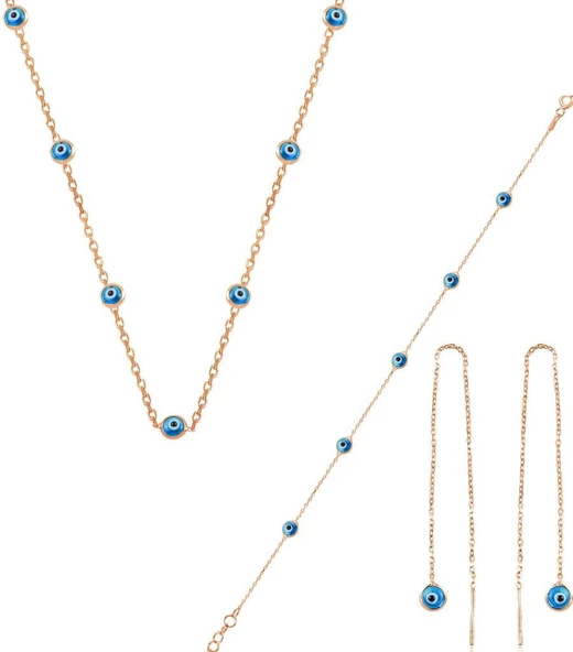 Gümüş rose,cam göz nazar kolye küpe ve bileklik  gümüş set SGTL10614ROSE ürün görseli 1