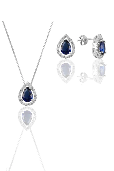 Gümüş beyaz altın rodyumlu safir taşlı damla modeli ikili set SGTL11569LACIVERT ürün görseli 1
