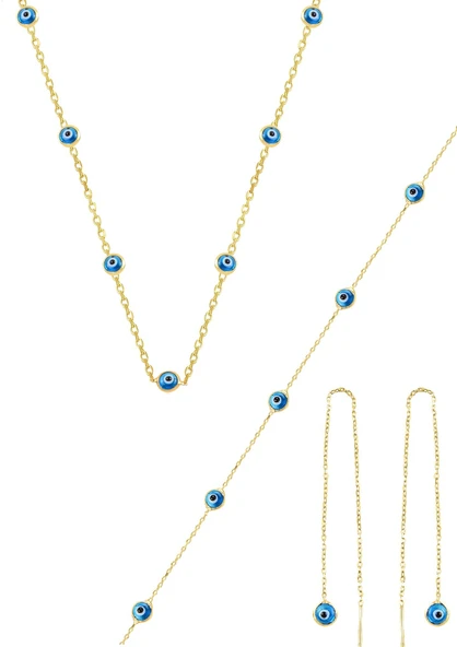 Gümüş altın yaldızlı,cam göz nazar kolye küpe ve bileklik  gümüş set SGTL10614GOLD ürün görseli 1