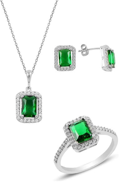 Gümüş rodyumlu kök zümrüt baget taşlı üçlü set SGTL10733YSL ürün görseli 1