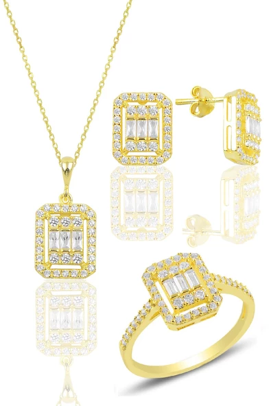 Gümüş altın yaldızlı gümüş baget taşlı üçlü set SGTL10480GOLD ürün görseli 1