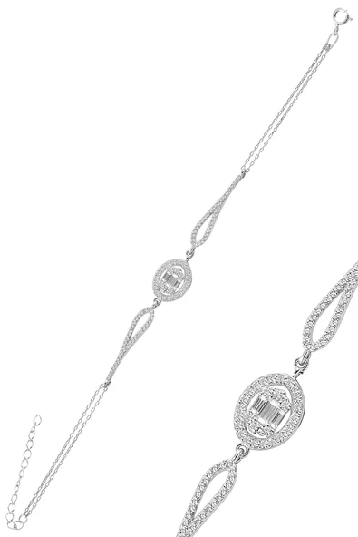 Gümüş rodyumlu oval zirkon baget taşlı bileklik. SGTL10740RODAJ ürün görseli 1