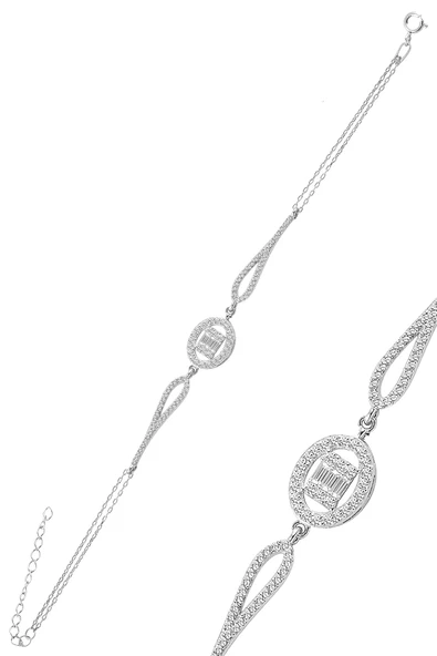 Gümüş rodyumlu oval düz baget taşlı bileklik. SGTL10743RODAJ ürün görseli 1