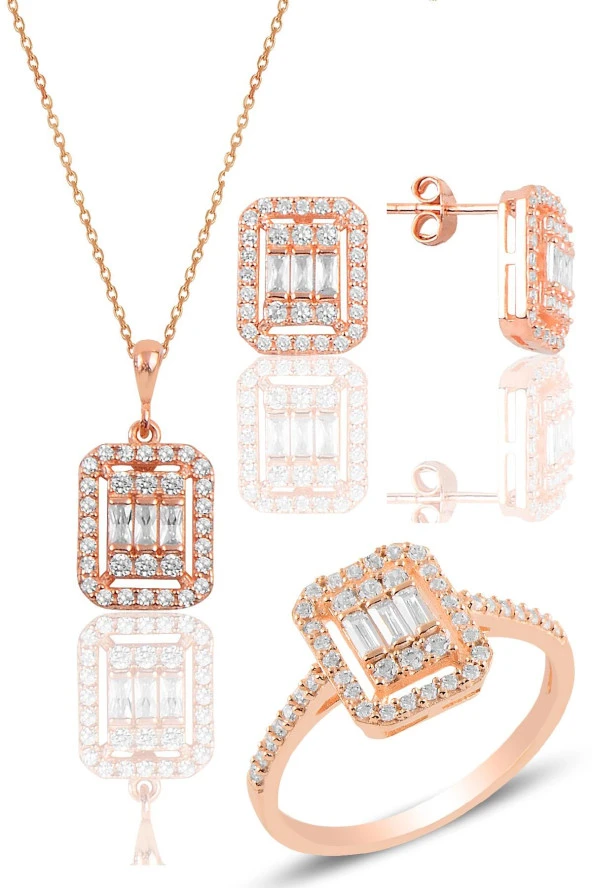 Gümüş rose gümüş baget taşlı üçlü set SGTL10480ROSE ürün görseli 1