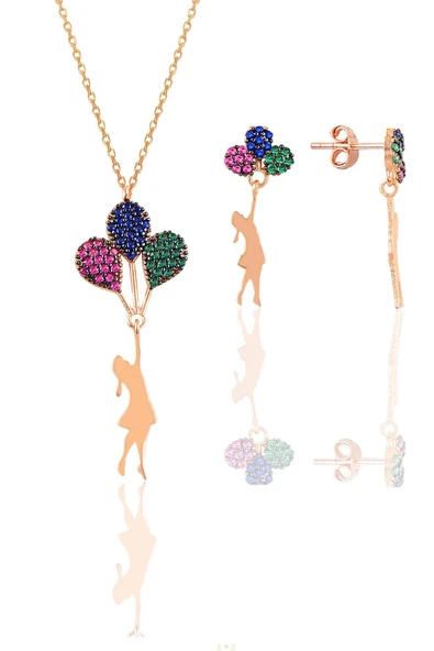 Gümüş rose balonlu kız kolye ve küpe gümüş set SGTL10750ROSE ürün görseli 1
