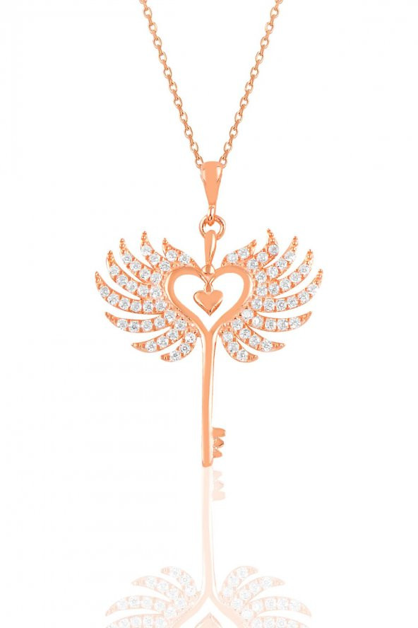 Gümüş rose zirkon taşlı kalbin anahtarı kolye ürün görseli 1