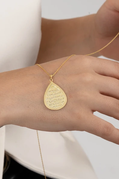 Gümüş altın yaldızlı kıtmir duası yazılı damla modeli kolye SGTL10909GOLD ürün görseli 1