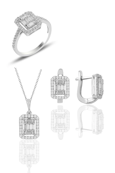 Gümüş rodyumlu  gümüş baget taşlı üçlü set SGTL10736RODAJ ürün görseli 1