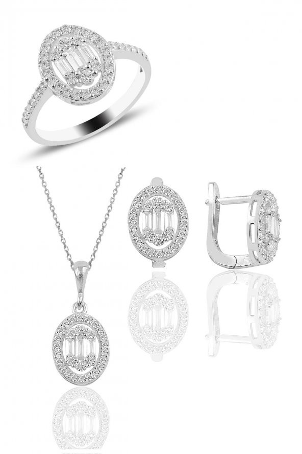 Gümüş rodyumlu oval gümüş baget taşlı üçlü set SGTL10734RODAJ ürün görseli 1