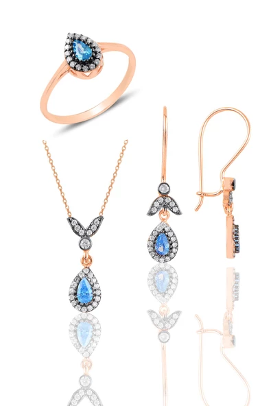 Gümüş rose akuamarin taşlı damla üçlü set  SGTL10988MAVI ürün görseli 1